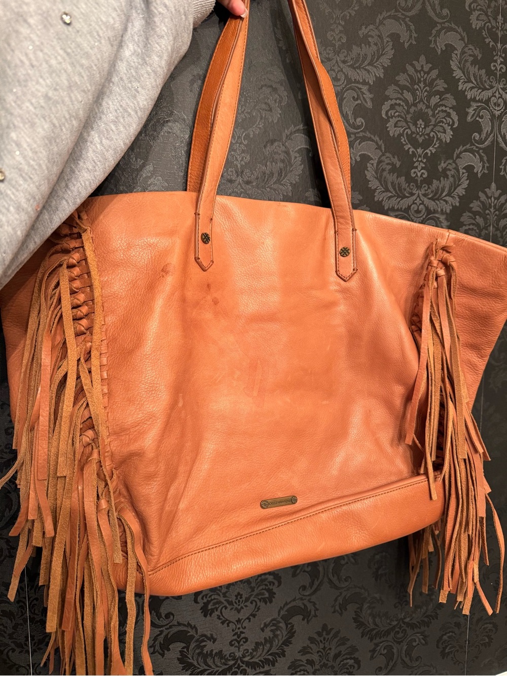 Leather Fringe Tote Bag in Cognac Tan